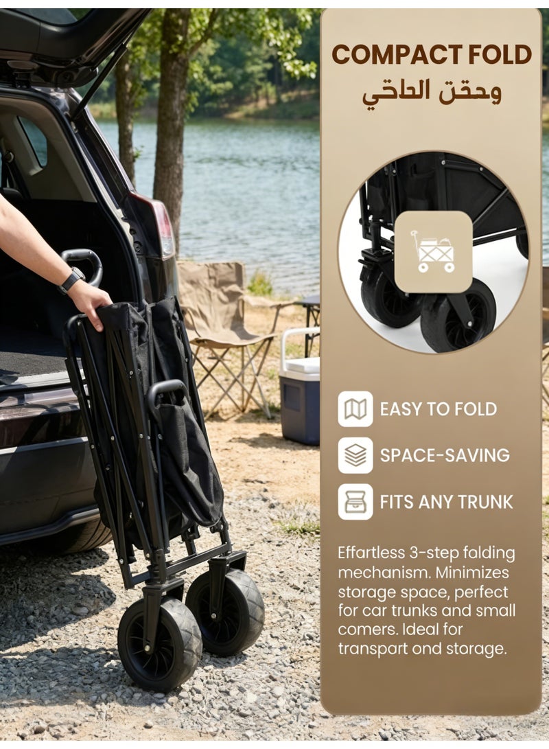 Collapsible Utility Wagon 400 Lbs Capacity, Adjustable Handle, Waterproof Fabric, All-Terrain Beach Cart, Ideal for Grocery, Beach, Camping, Garden - Black - Image 4